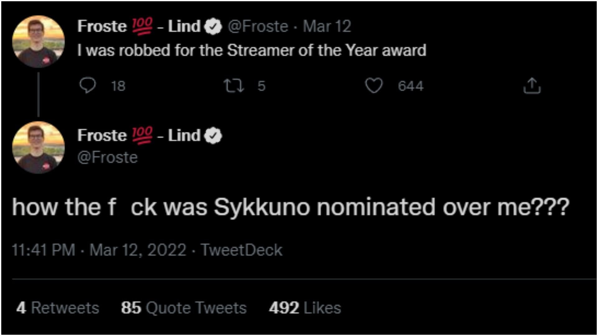 Tweet jokingly claiming he should have been streamer of the year (Image via Twitter Froste)